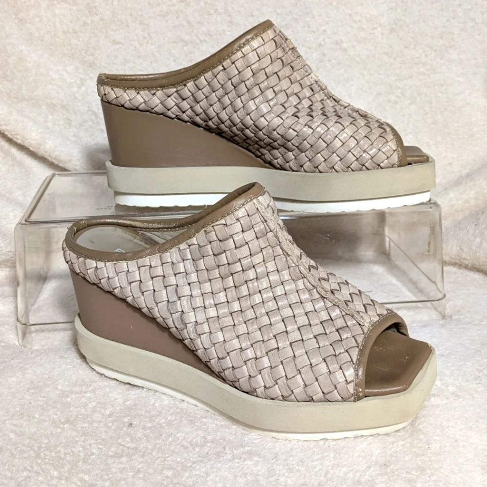 Patrizia Bonfanti Taupe Wedge Woven‎ Leather Chunky Slide, sz 36 (5.5-6)